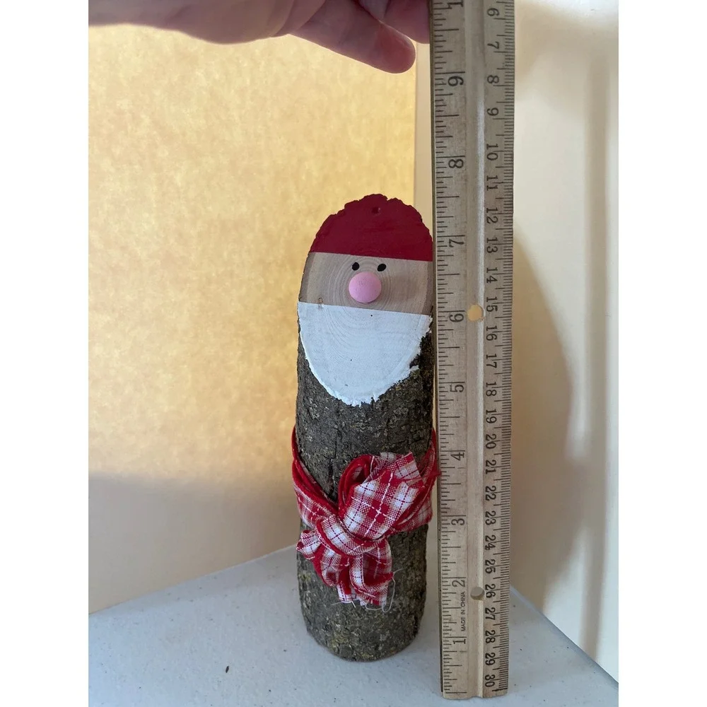 Handmade Rustic Wood Log Santa Claus Figurine Christmas Decor Plaid Ribbon 7.5in